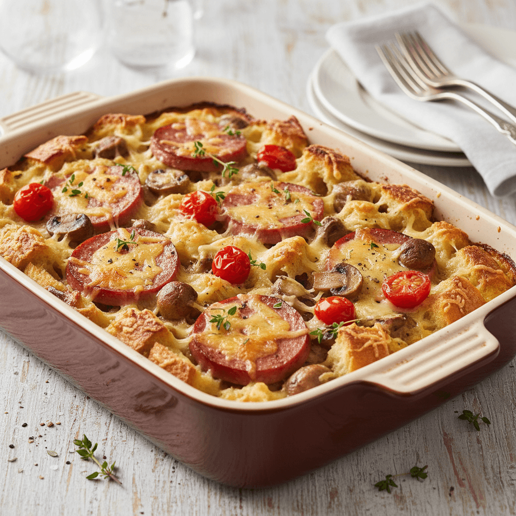 Leberkäse-Semmel-Auflauf mit Champignons - Thermomix Rezept