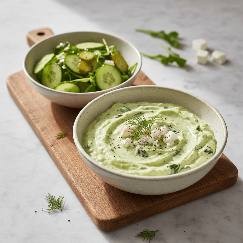 Österreichischer Feta-Mangold-Aufstrich mit Rucola-Gurken-Salat