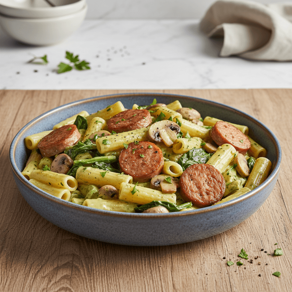 Schwäbische Bratwurst-Champignon-Nudelpfanne mit Mangold-Topfen-Sauce - Thermomix Rezept