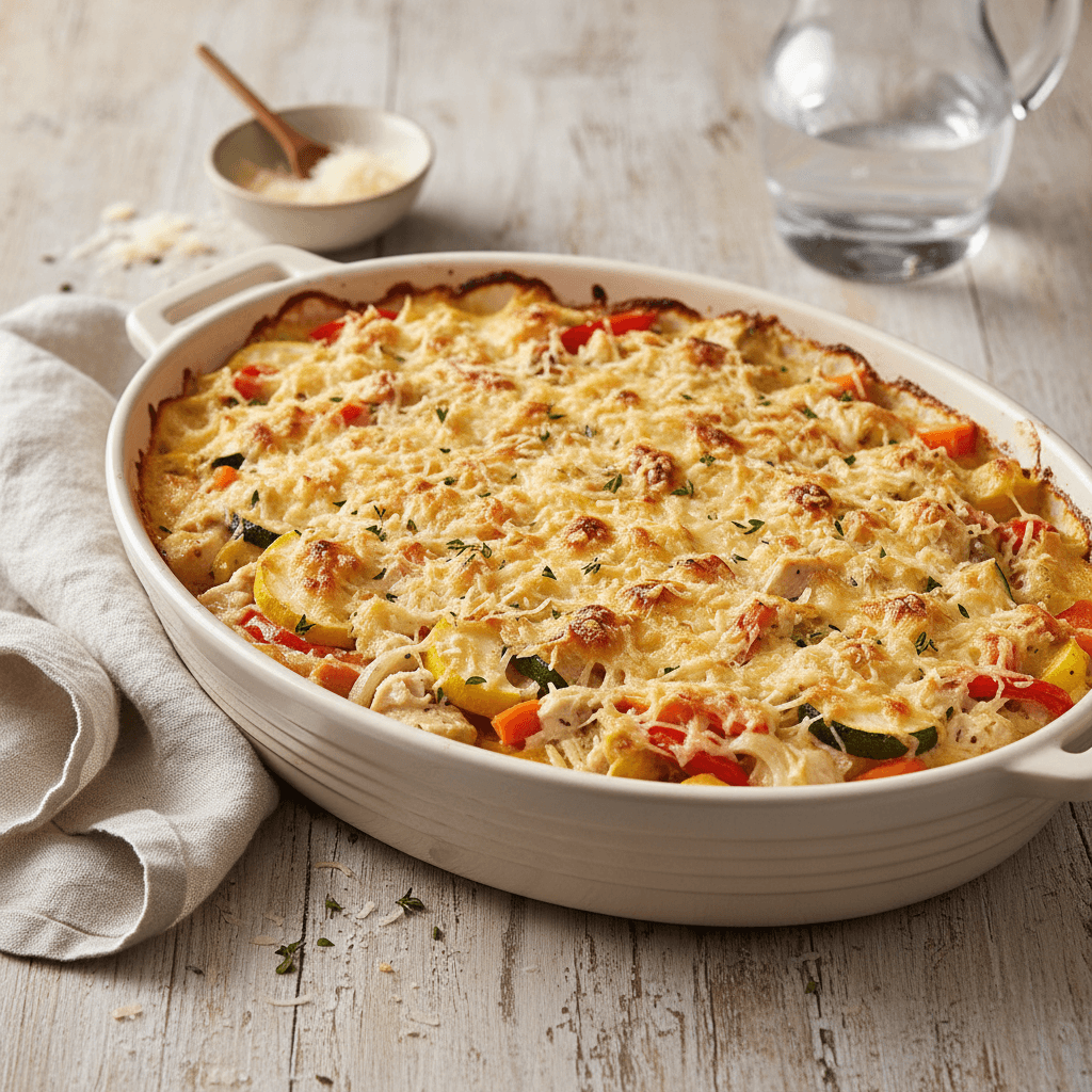 Hähnchen-Gratin mit saisonalem Gemüse und knuspriger Parmesan-Haube - Thermomix Rezept