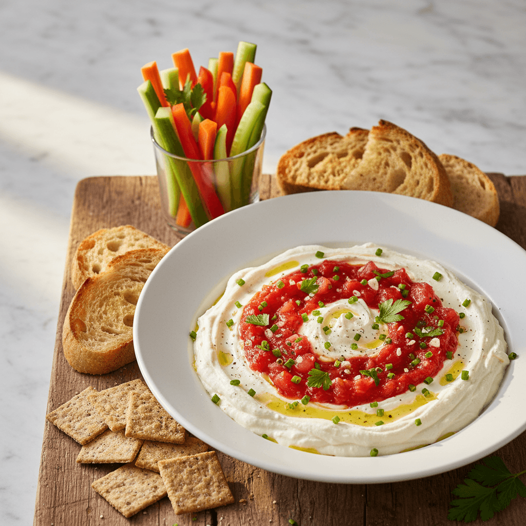 Frühlingshafte Topfen-Frischkäse-Creme mit Tomaten-Schmand-Salsa - Thermomix Rezept