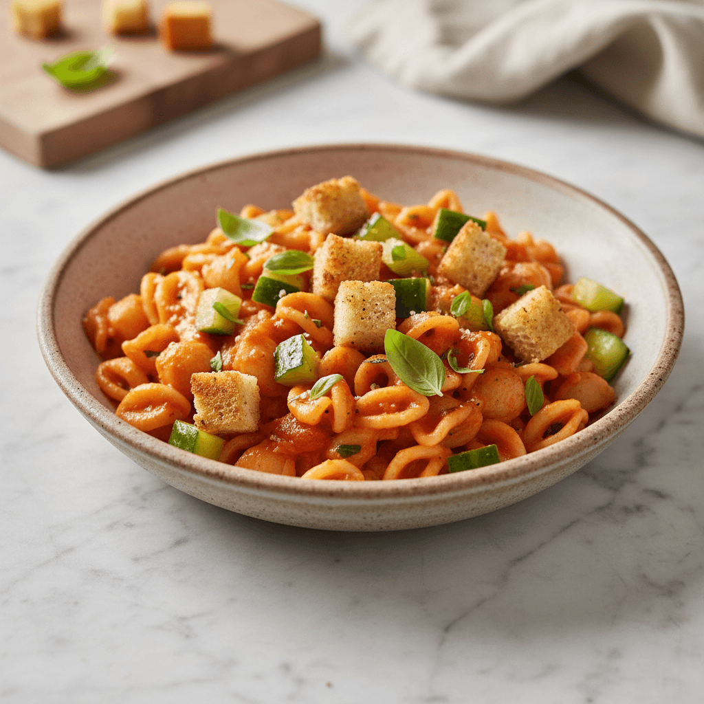 Mediterrane Tomaten-Gurken-Pasta mit gerösteten Brotwürfeln