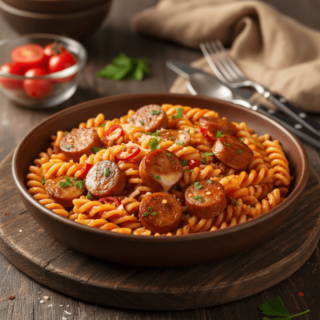 Würzige Bratwurst-Pasta mit Tomatensauce