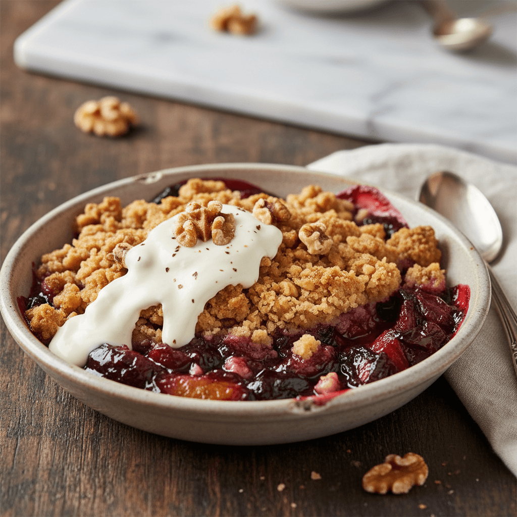 Pflaumen-Walnuss-Crumble mit Vanillesahne - Thermomix Rezept