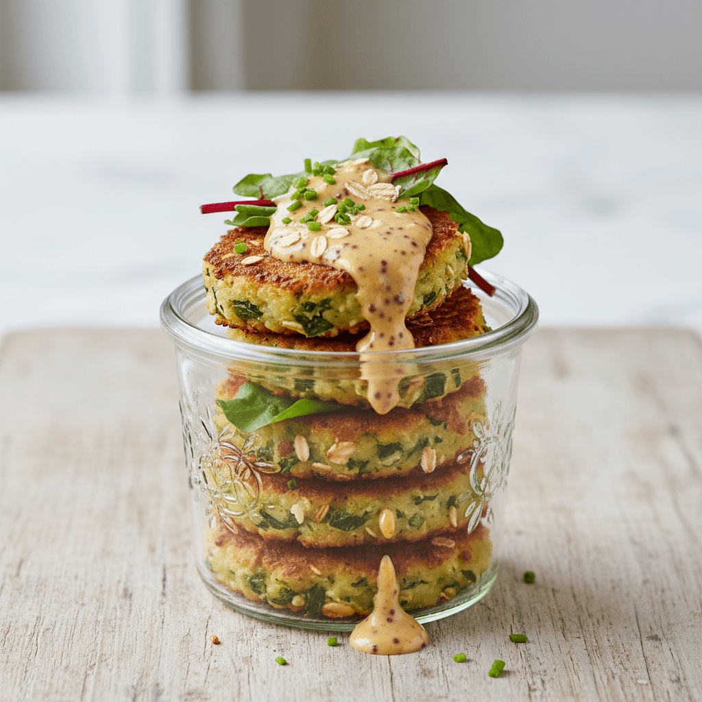 Knusprige Kohlrabi-Mangold-Taler mit Miso-Senf-Glasur