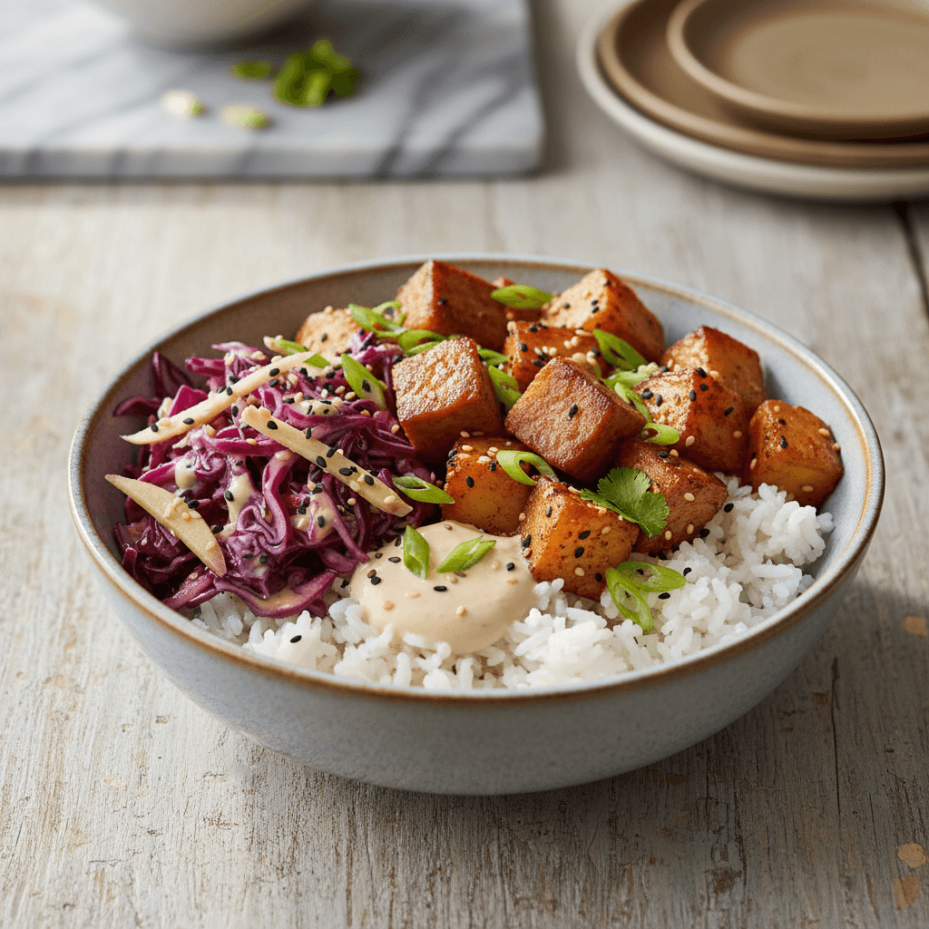 Asiatischer Leberkäse-Reis-Bowl mit Rotkohl-Kimchi-Slaw und Sesam-Kartoffelwürfeln - Thermomix Rezept