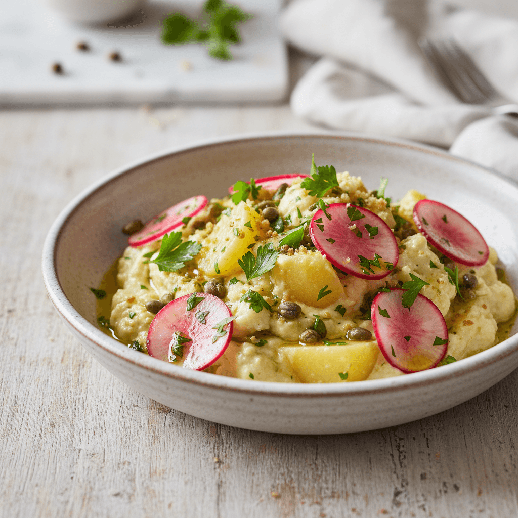 Sizilianische Blumenkohl-Kartoffel-Beilage mit eingelegten Radieschen und Kapern-Petersilien-Vinaigrette - Thermomix Rezept