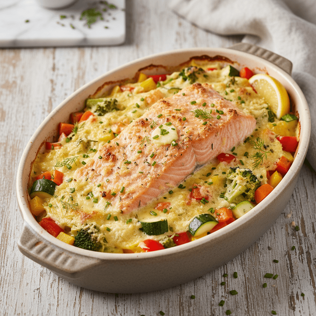 Gratinierter Lachs auf saisonalem Gemüsebett – Familienauflauf aus dem Mixtopf - Thermomix Rezept