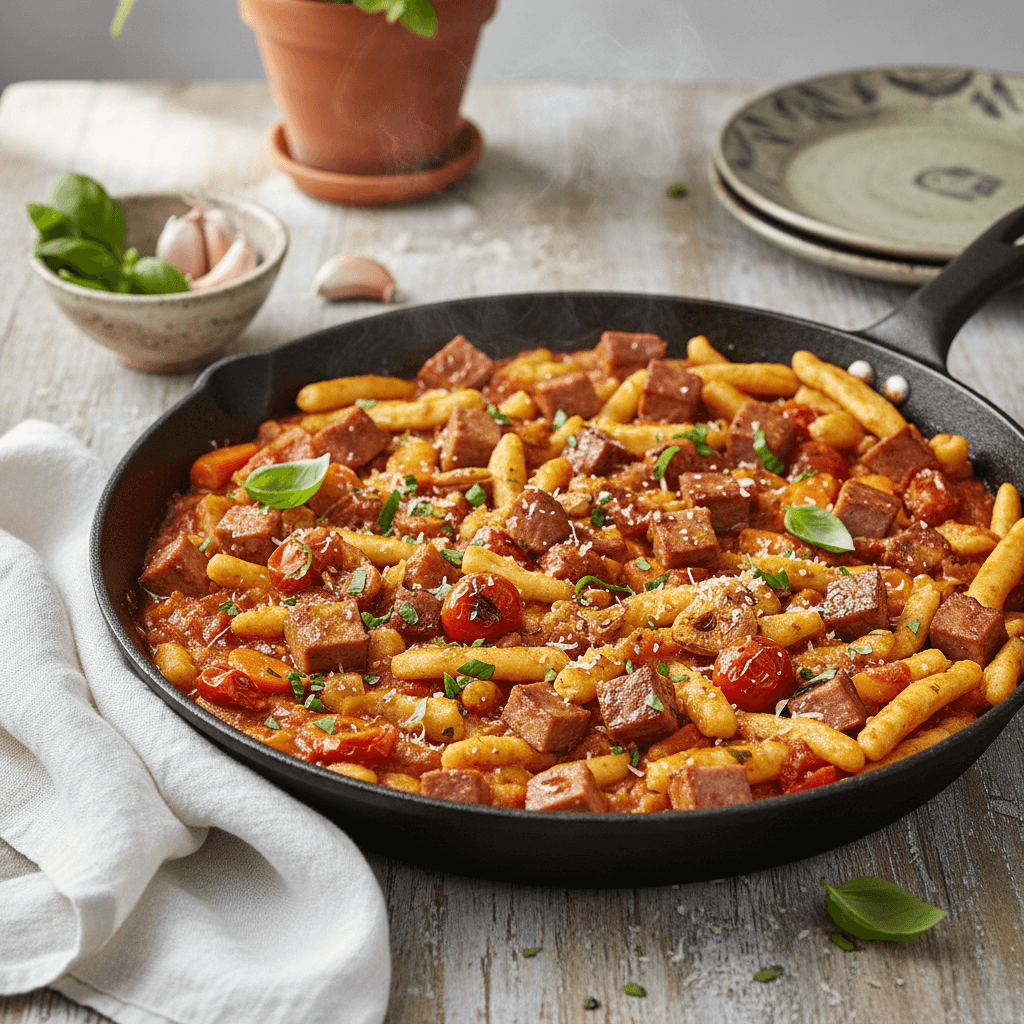 Mediterrane Leberkäse-Spätzle-Pfanne mit Karotten-Knoblauch-Ragout