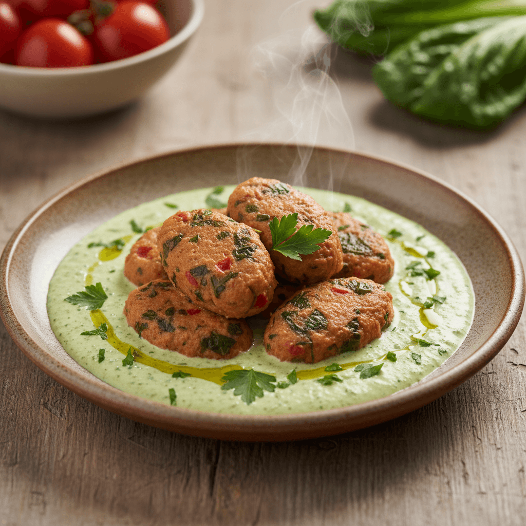 Bayerische Wirsing-Tomaten-Nockerl mit Petersilien-Dip
