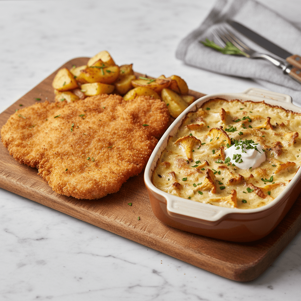 Bayerische Schweineschnitzel mit Pfifferling-Blumenkohl-Gratin
