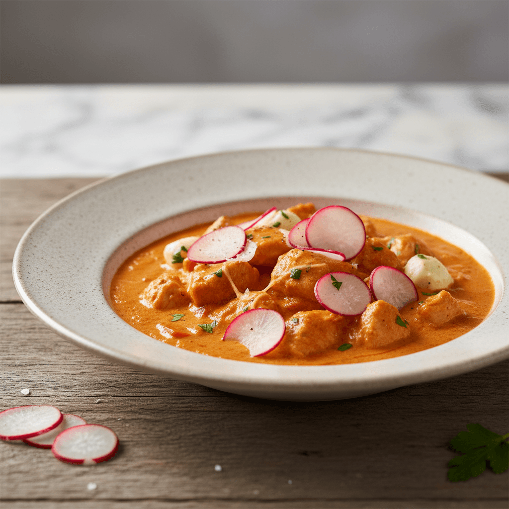 Wiener Hühnchen-Paprika-Rahmgulasch mit knusprigen Radieschen-Chips - Thermomix Rezept
