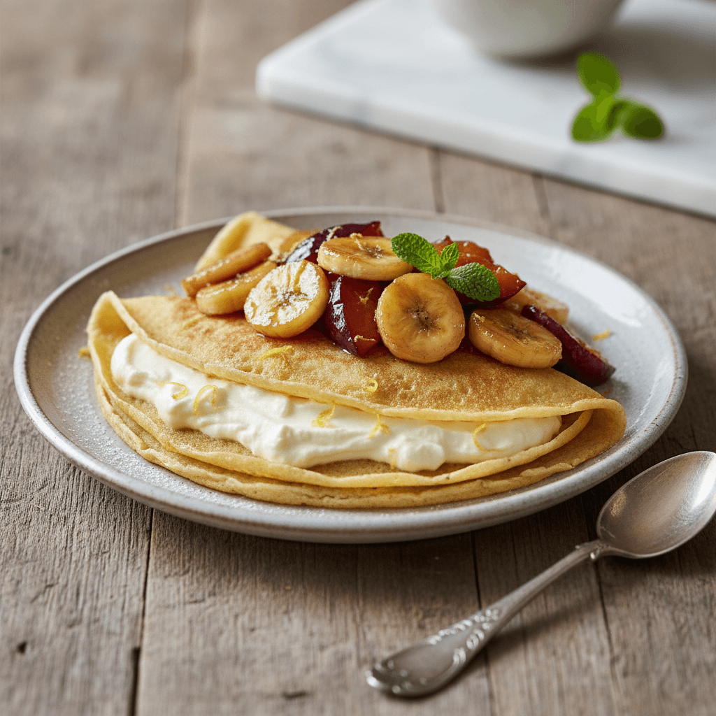 Österreichischer Bananen-Pflaumen-Palatschinken mit Zitronen-Sahne-Füllung - Thermomix Rezept