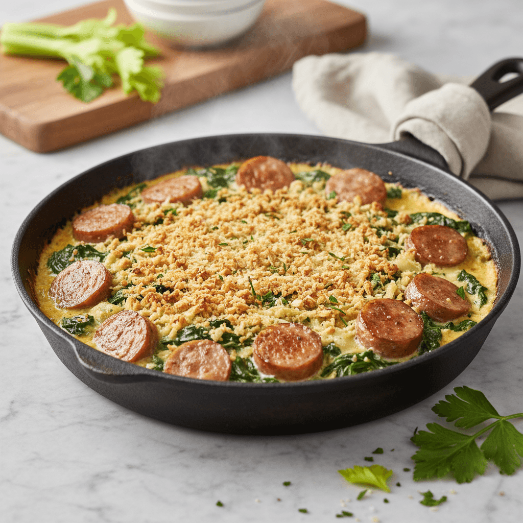 Bayerische Bratwurst-Mangold-Pfanne mit Haferflocken-Sellerie-Kruste - Thermomix Rezept