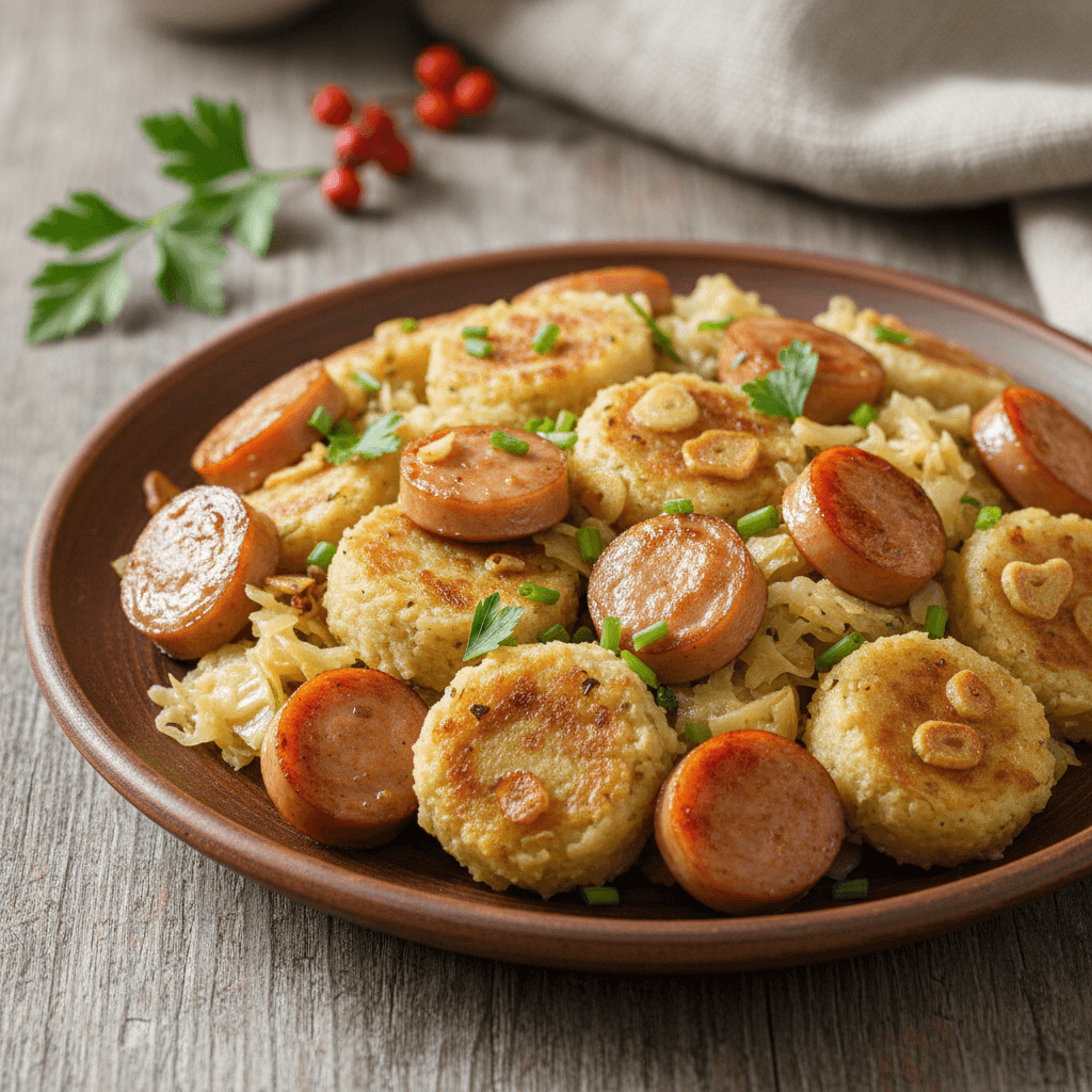 Wiener Krautknödel-Pfanne mit gerösteten Würstchen
