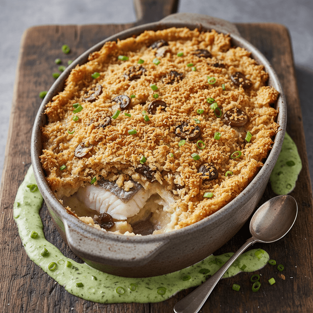 Bayerischer Karpfen-Sellerie-Auflauf mit Champignon-Semmelkruste und Schnittlauch-Hühnerbrühe-Fond - Thermomix Rezept